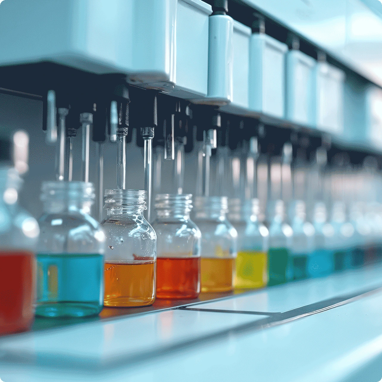 multiple jars filled with different coloured liquids in a laboratory