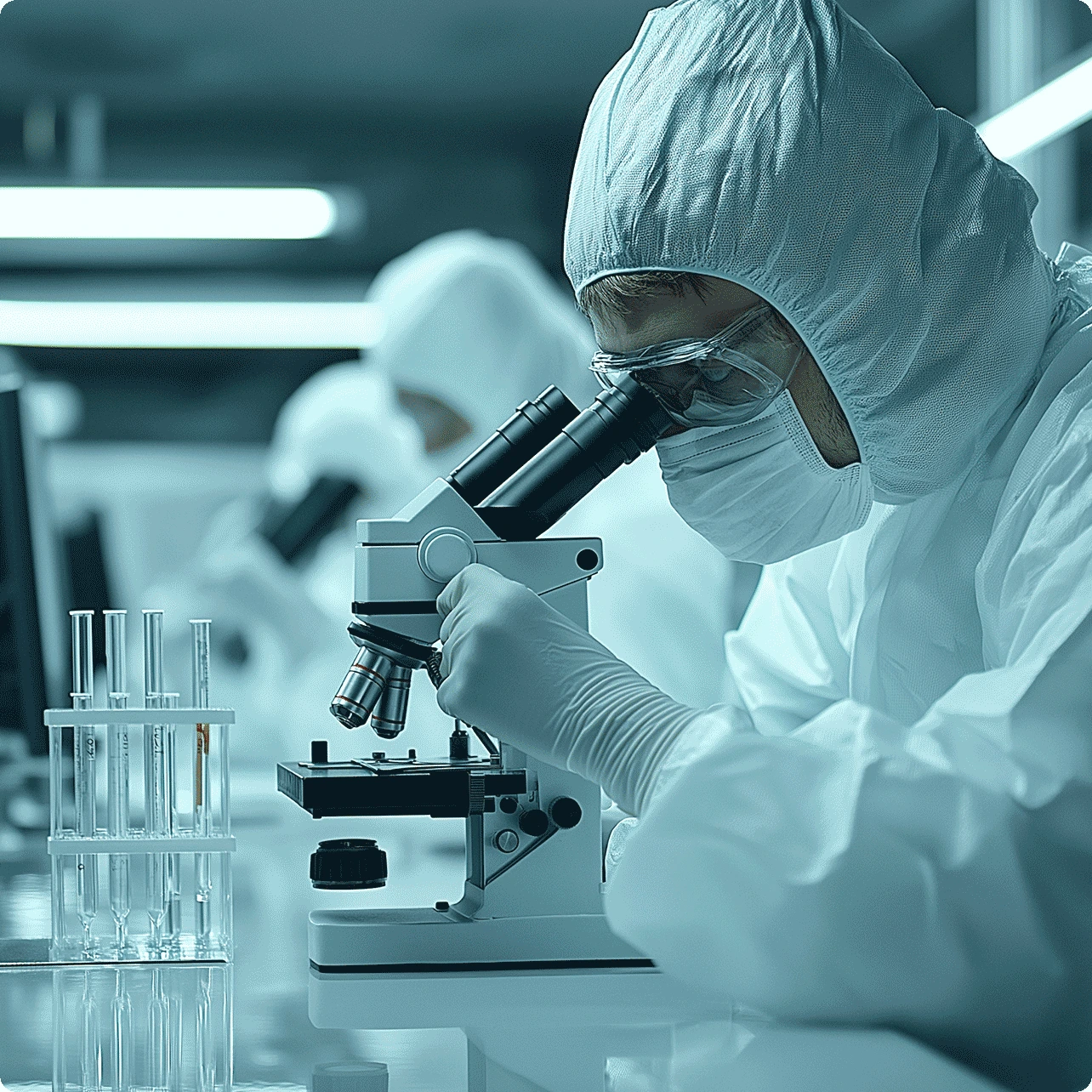 Scientest using microscope in a laboratory