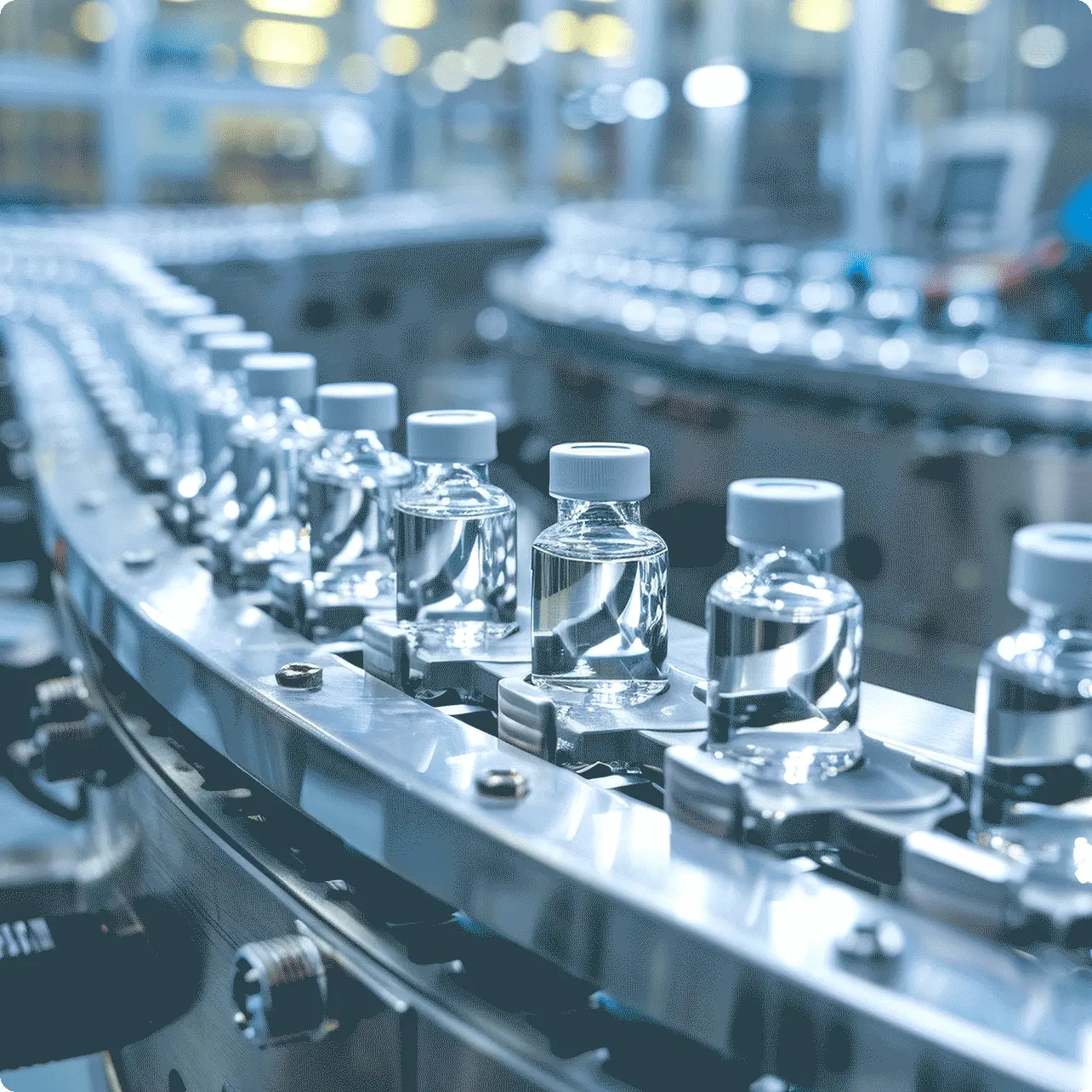 jars of clear liquid on convor during manufacturing process