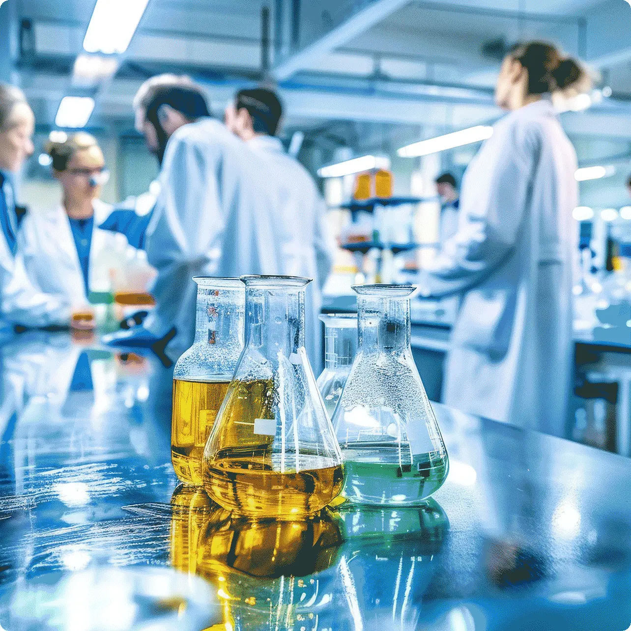 Scientists in a lab with beakers of coloured liquid
