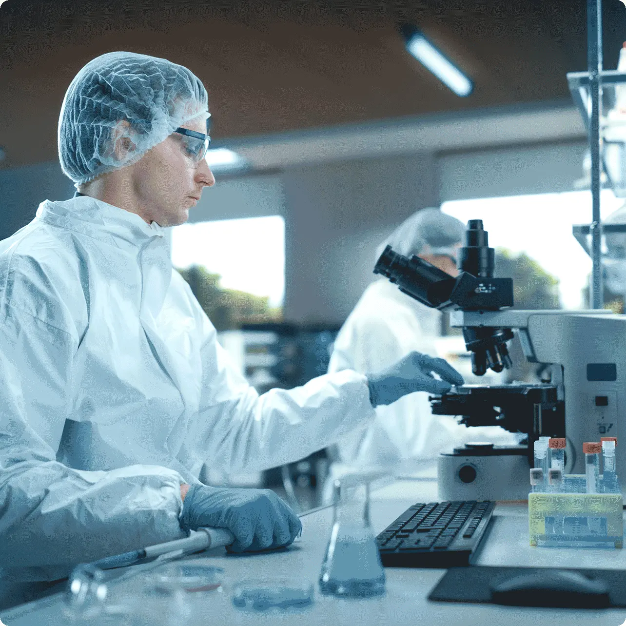 Scientist in lab with microscope