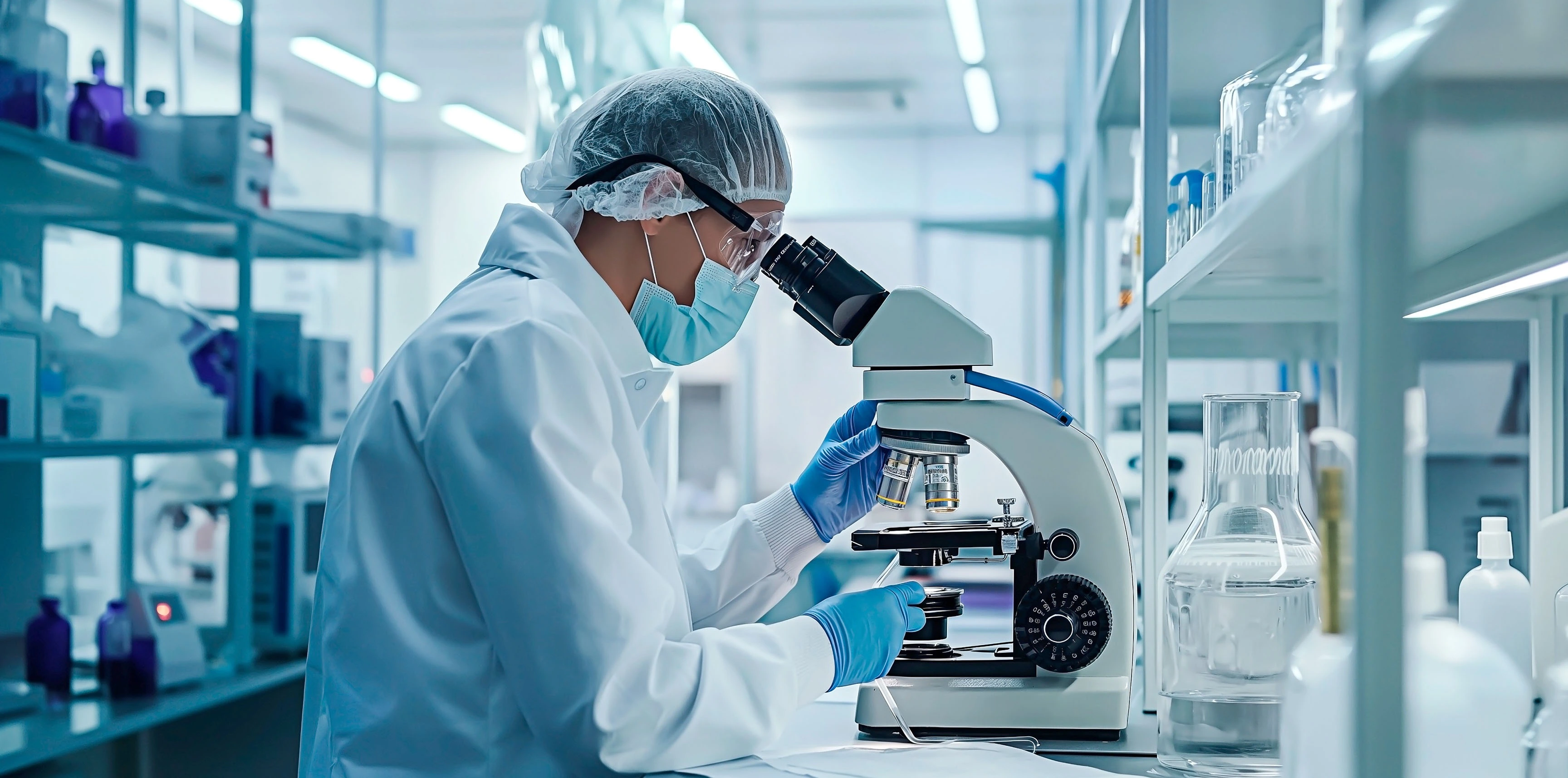 Scientist looking into microscope in a lab